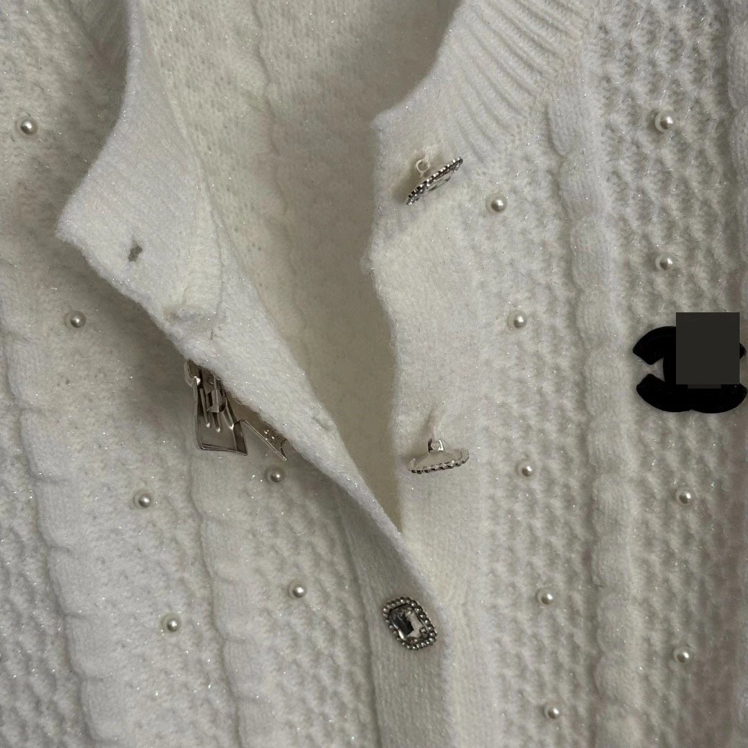 Chanel Pearl-Embellished Cable Knit Cardigan White - 9