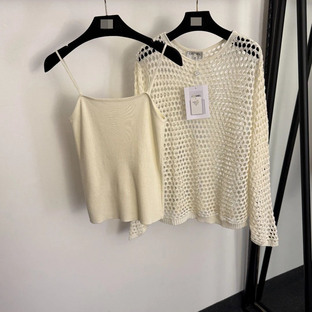 Chanel Crochet Knit Set Beige Sweater and Vest-Top - 5