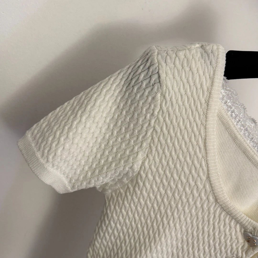 CH/ - Lace Trim Knit Crop Top White - 10