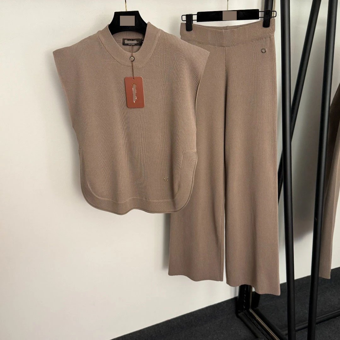 Design Ribbed Knit Two-Piece Set Beige Vest Top and Wide-Leg Pants - 5