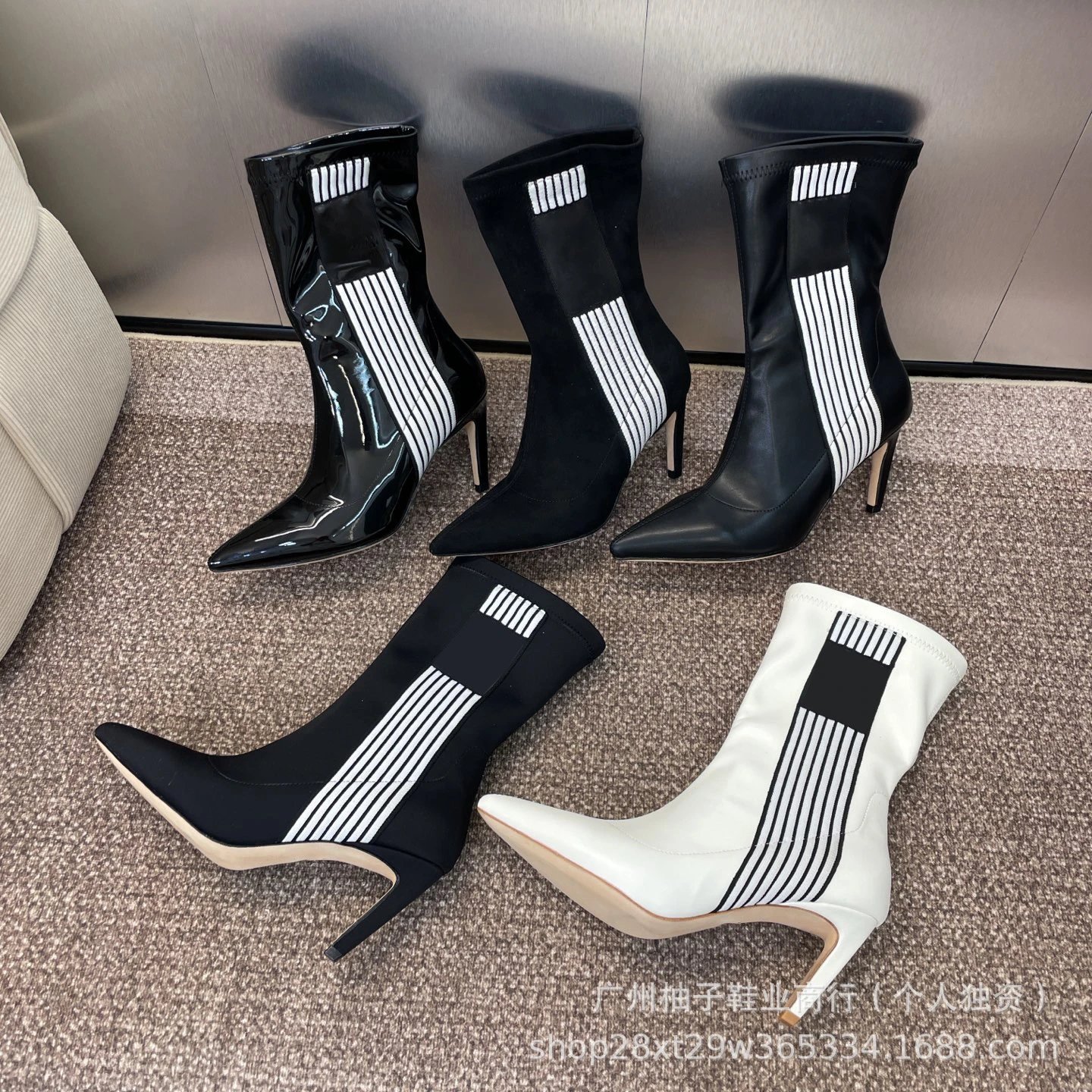 Balenciaga Knife Boots Black with White Stripe Detail Ankle Boots - 2
