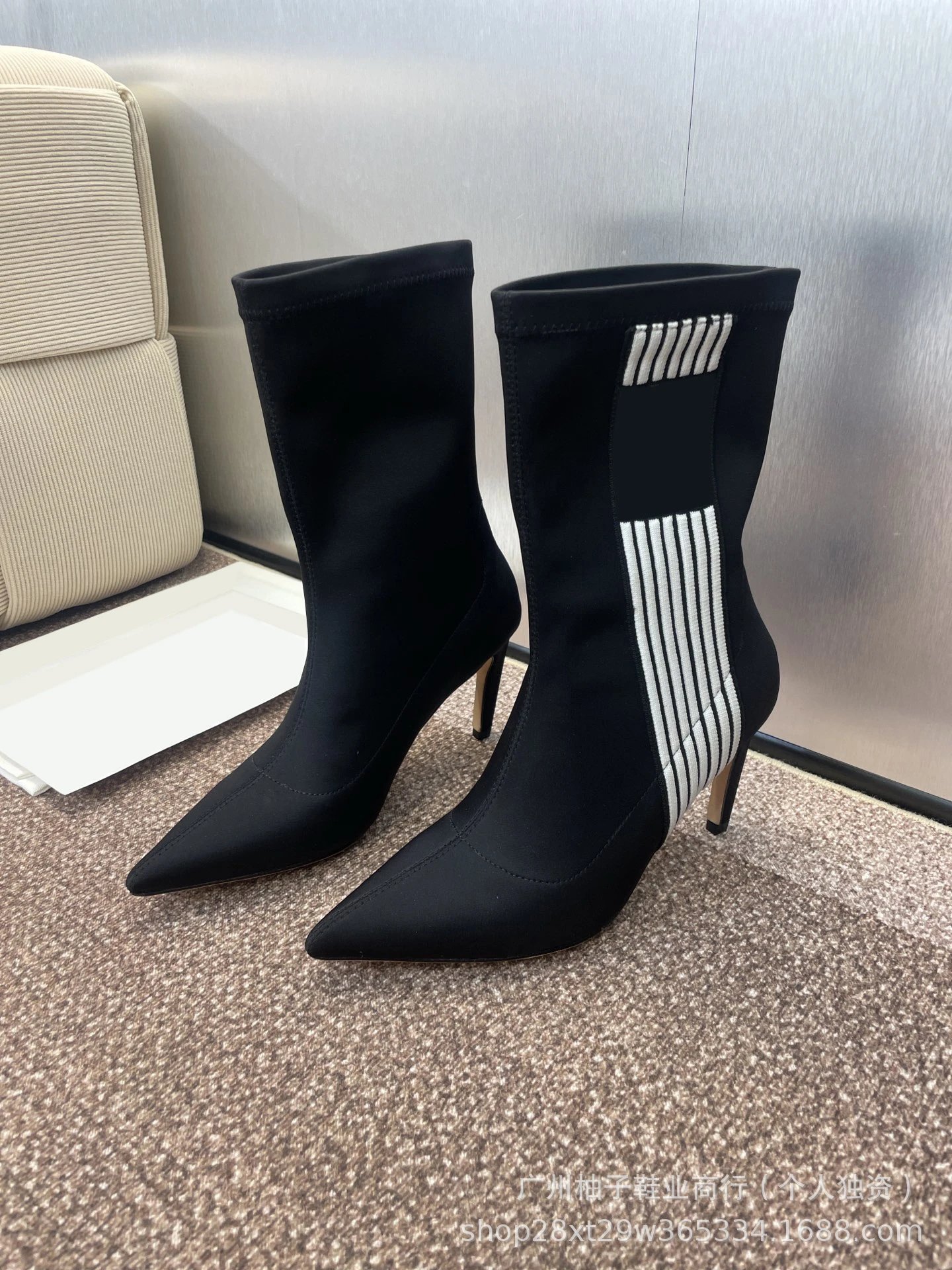 Balenciaga Knife Boots Black with White Stripe Detail Ankle Boots - 5