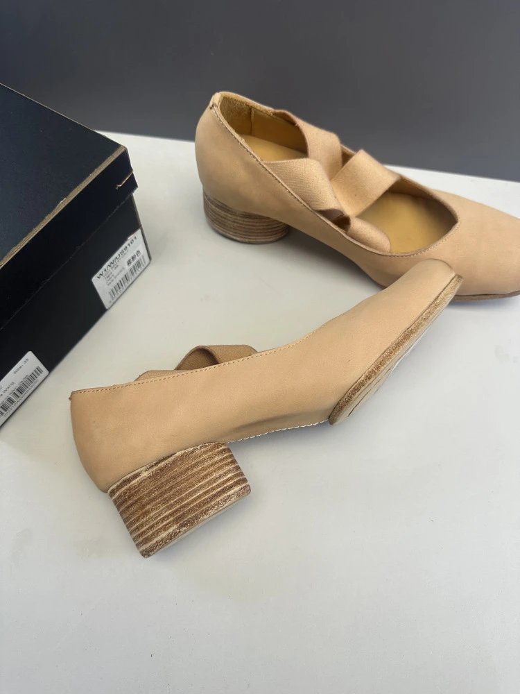 UMA WANG Square-Toe Mary Jane Heels Beige Leather Shoes - 5