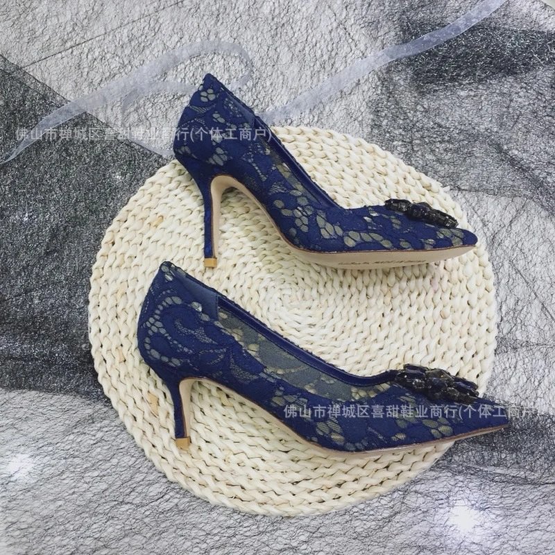 Lace Embroidered Stiletto Heels in Gray with Crystal Buckle - 27