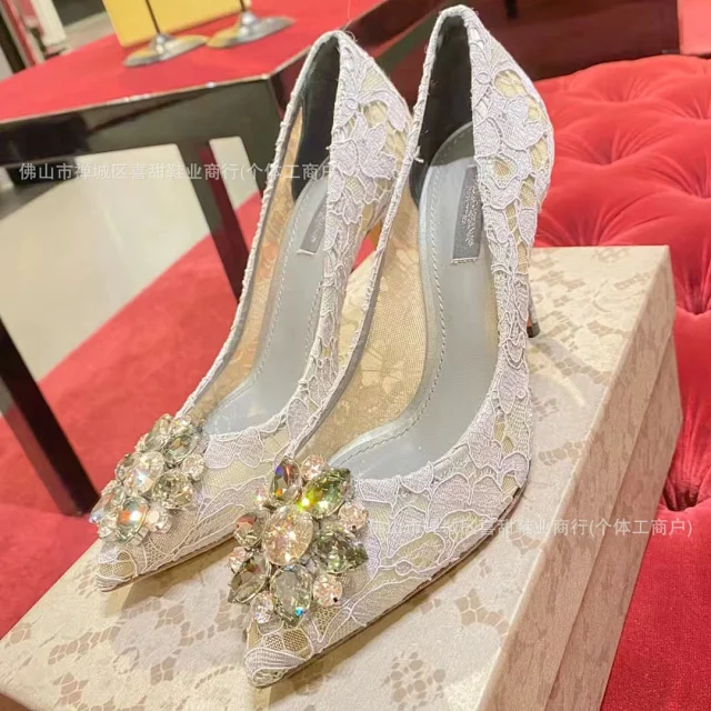 Dolce & Gabbana High Heels Lace Mesh Pointed-Toe Stiletto Pumps with Crystal Floral Brooch product detail image 2