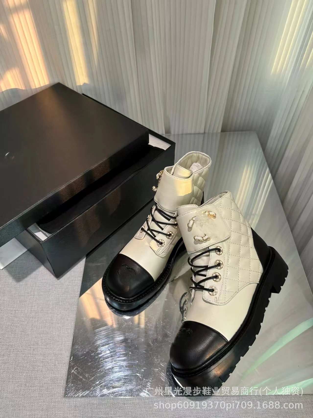 Chanel Combat Boots Black Leather Platform Lace-Up Boots - 9