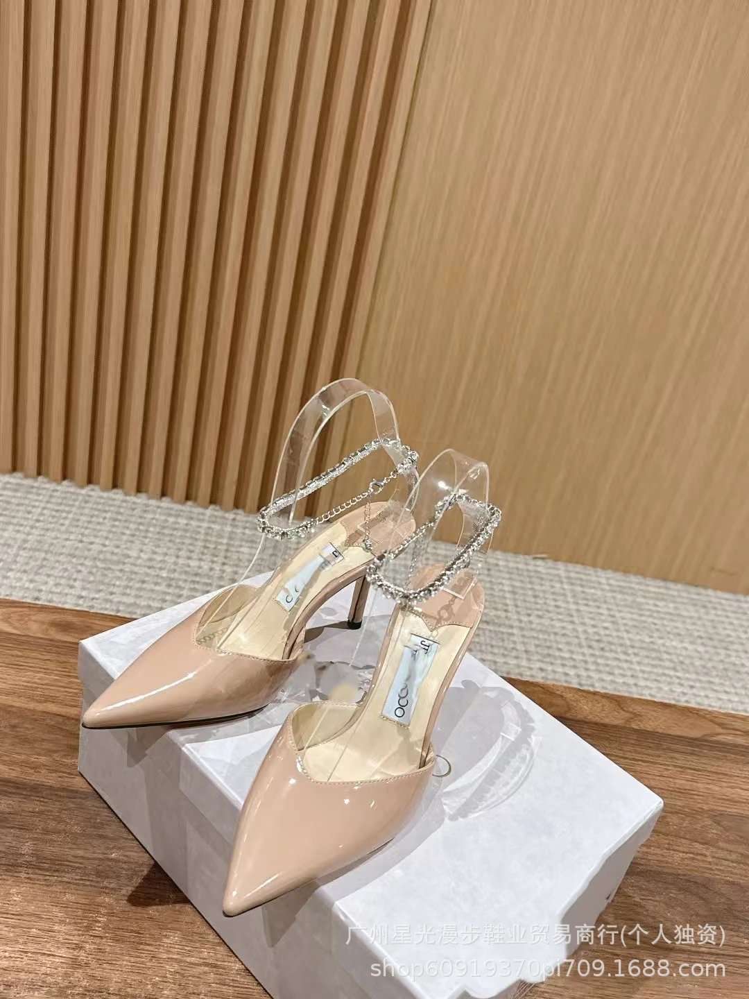 JIN Pointed-Toe Stiletto Heels with Crystal Strap Beige Shoes - 13