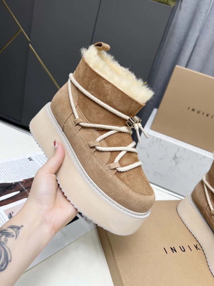 INU IKII Platform Shearling-Lined Ankle Boots Beige - 4
