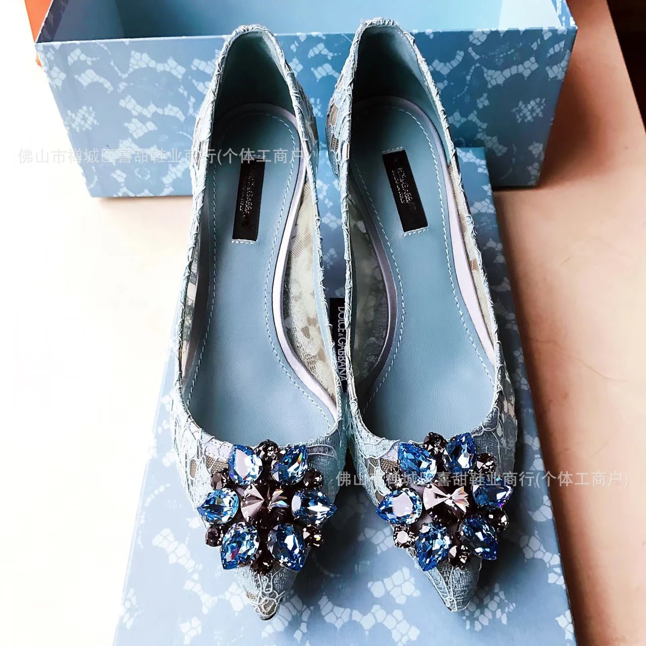 Dolce & Gabbana Lace-Embellished Crystal Blue Stilettos - 12