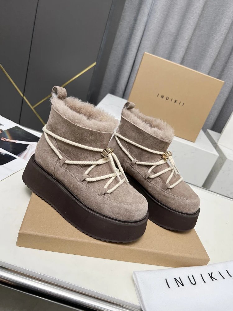 INU IKII Platform Shearling-Lined Ankle Boots Beige - 23