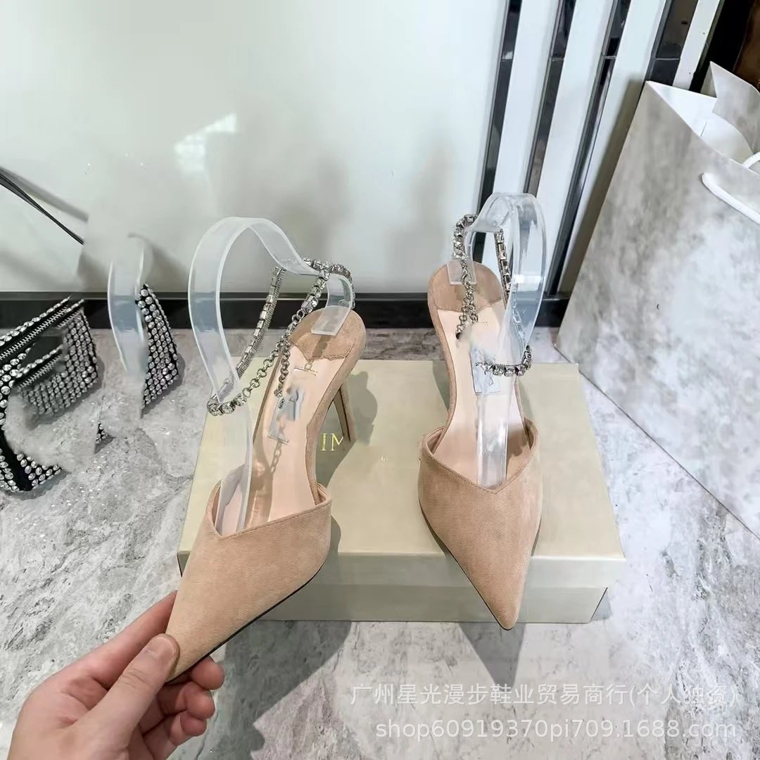 JIN Pointed-Toe Stiletto Heels with Crystal Strap Beige Shoes - 41