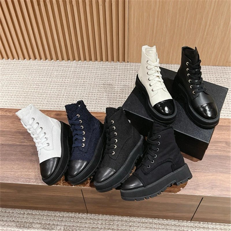 2024 Fall/Winter New Arrival Chanel-Style Metallic Letter Leather Martin Boots for Women, Thick Sole, Elevated, Anti-Slip Lace-Up Short Boots Trend: findsindex.com