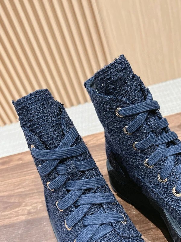 Chanel Tweed Lace-Up Combat Boots Navy - 11