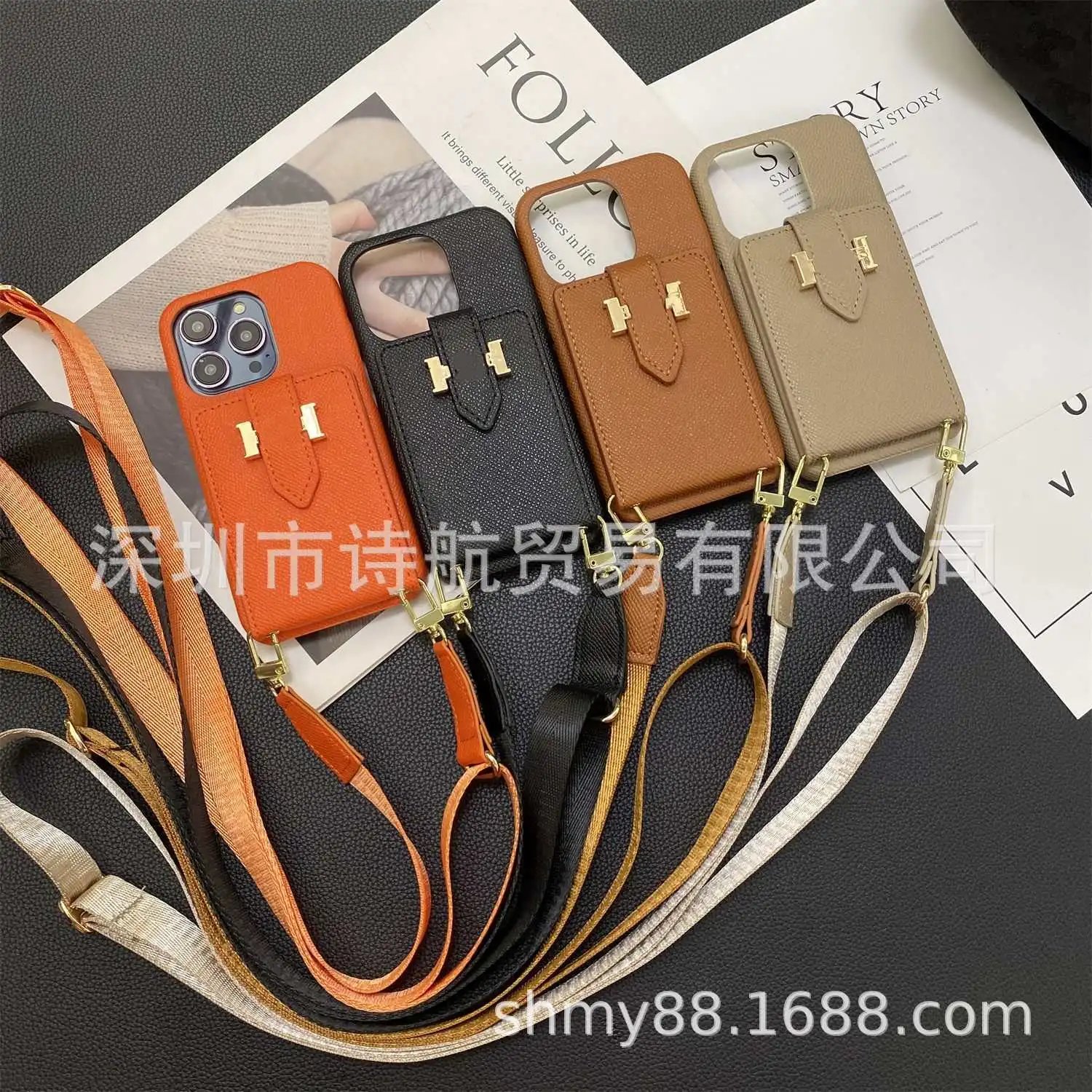 Faux Leather Cardholder Phone Case with Detachable Strap Black Crossbody Phone-Accessories - 2