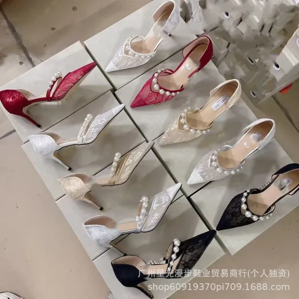 Lace Pearl-Embellished Pointed-Toe Stiletto Heels in Multiple Colors - 1