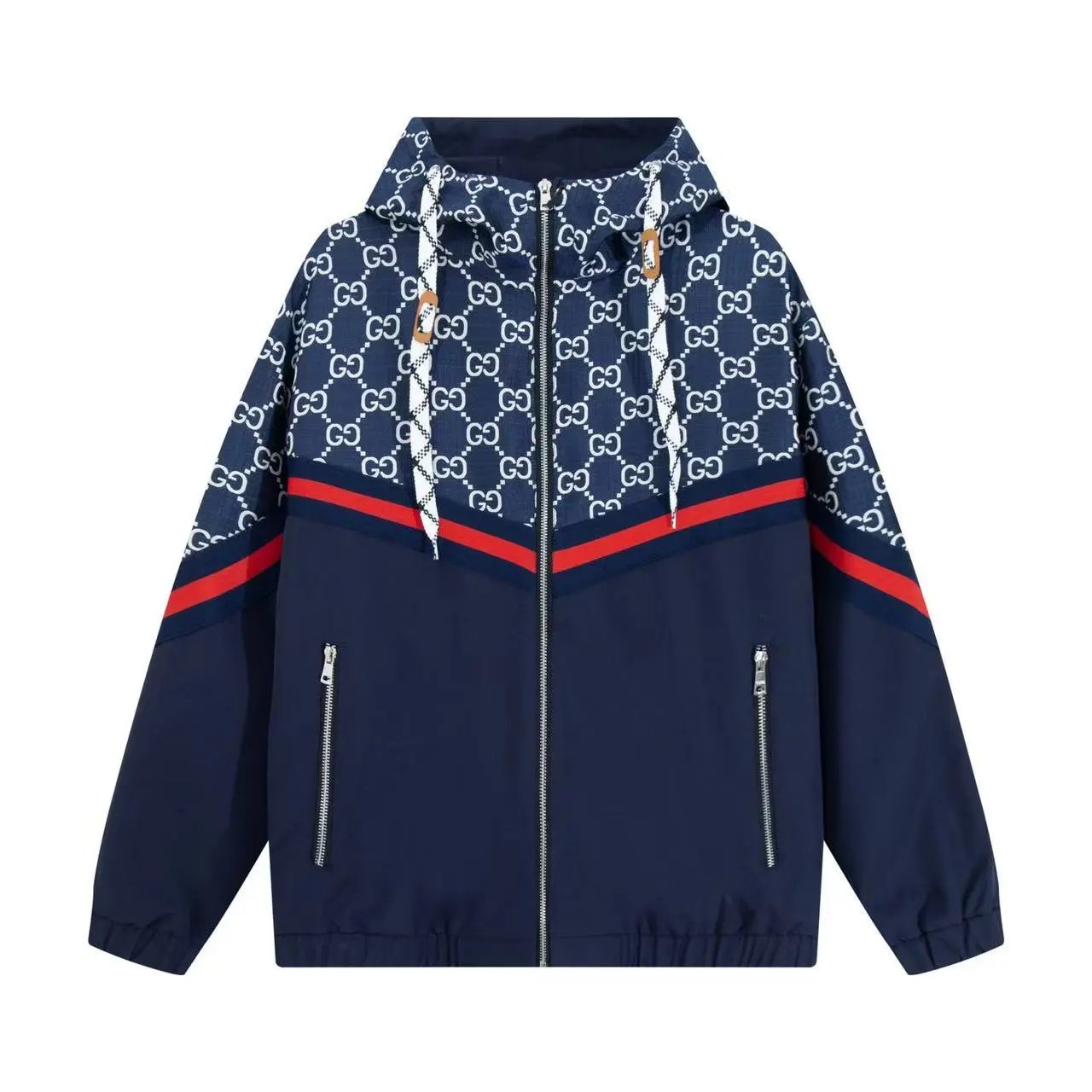 Gucci GG Monogram Windbreaker Navy Blue Red Stripe Jacket - 2