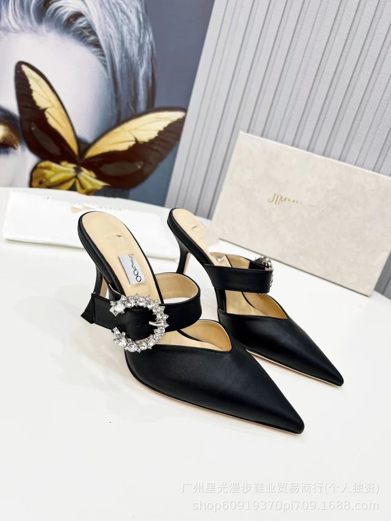JIN Pointed-Toe Stiletto Heels with Crystal Strap Beige Shoes - 4