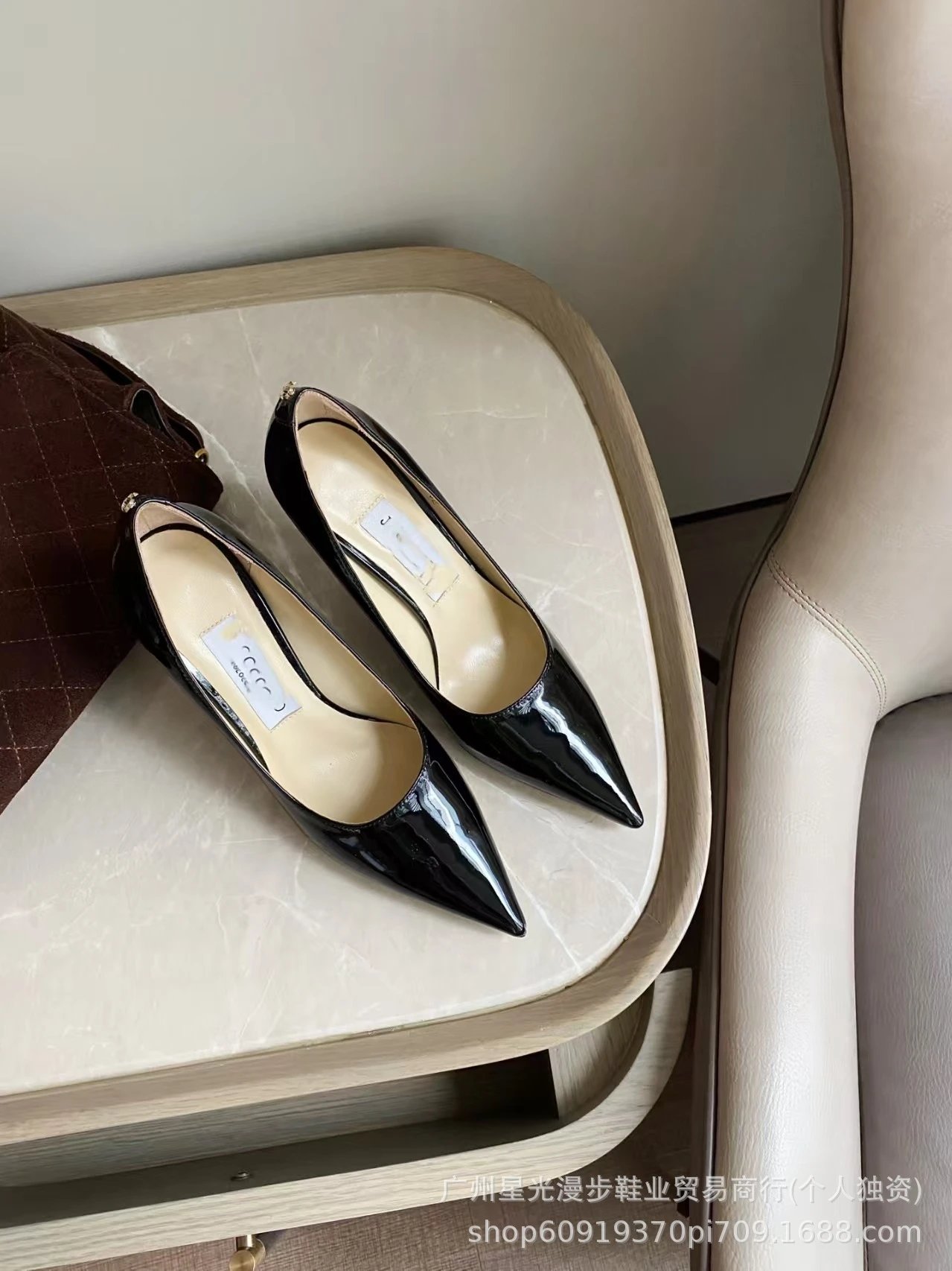 JIN Pointed-Toe Stiletto Heels with Crystal Strap Beige Shoes - 12