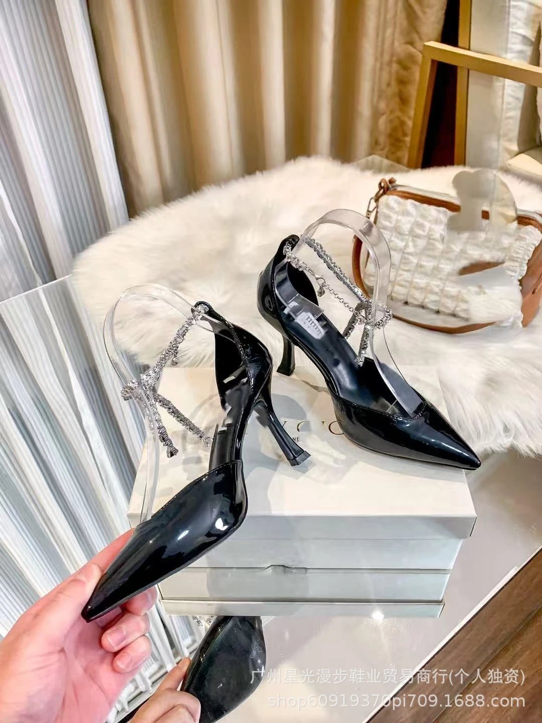 JIN Pointed-Toe Stiletto Heels with Crystal Strap Beige Shoes - 38