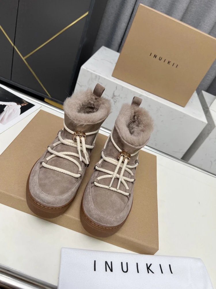 INU IKII Snow Boots Beige Suede With Shearling Lining and Rope Lace Detail - 11