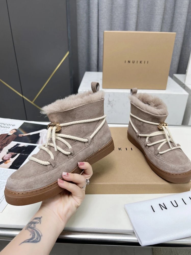 INU IKII Snow Boots Beige Suede With Shearling Lining and Rope Lace Detail - 14