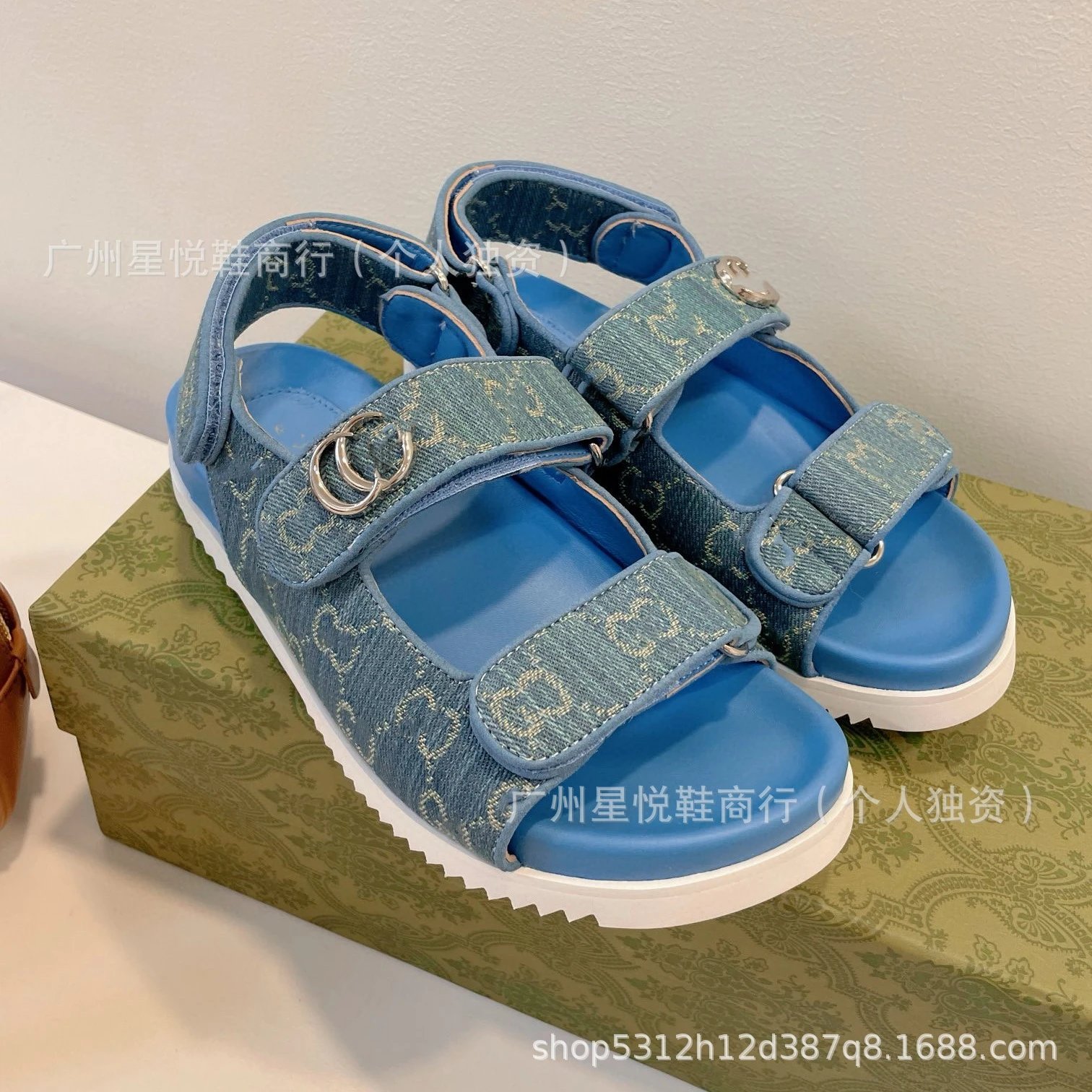 Gucci GG Marmont Slide Sandals Blue Denim-Print - 14