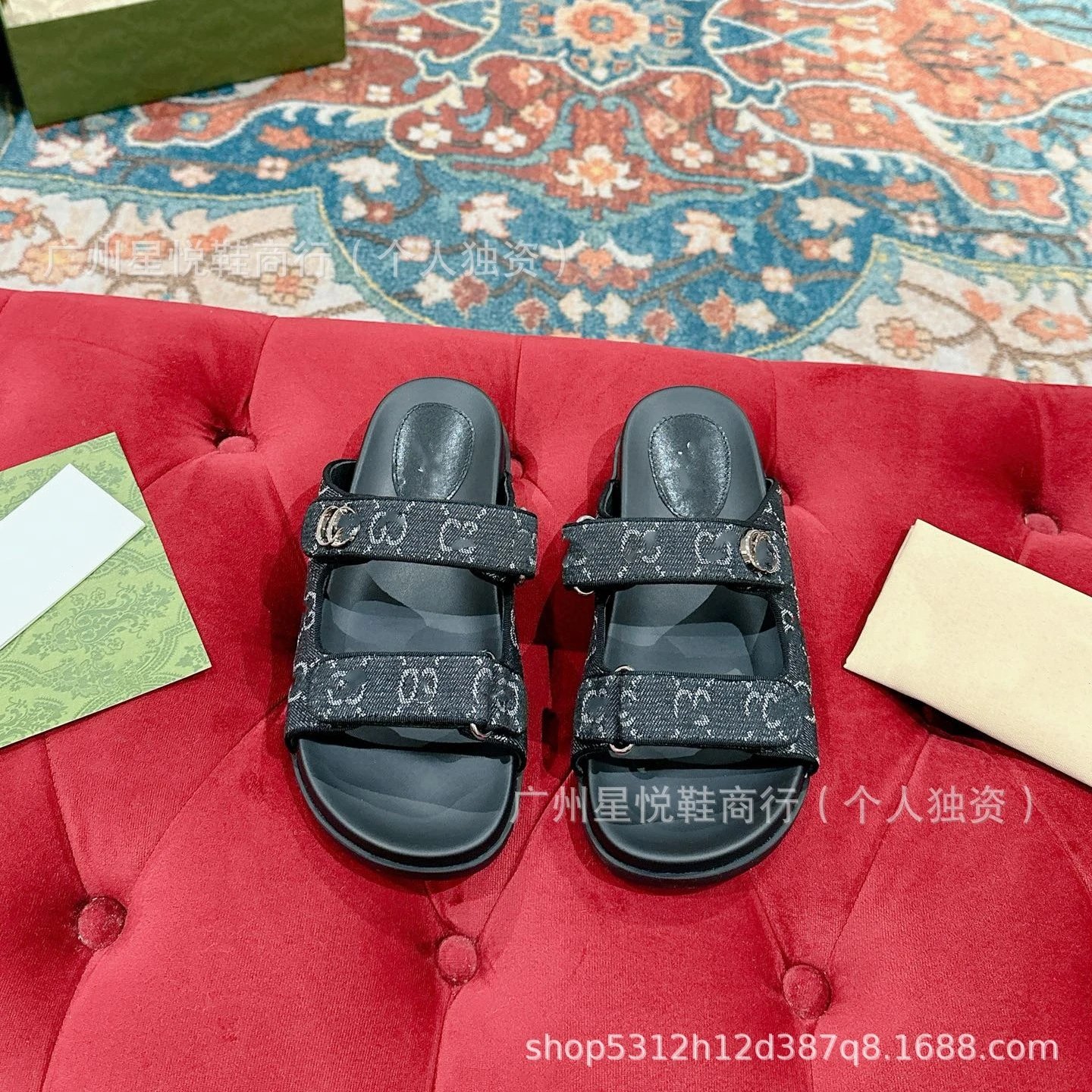 Gucci GG Marmont Slide Sandals Blue Denim-Print - 7