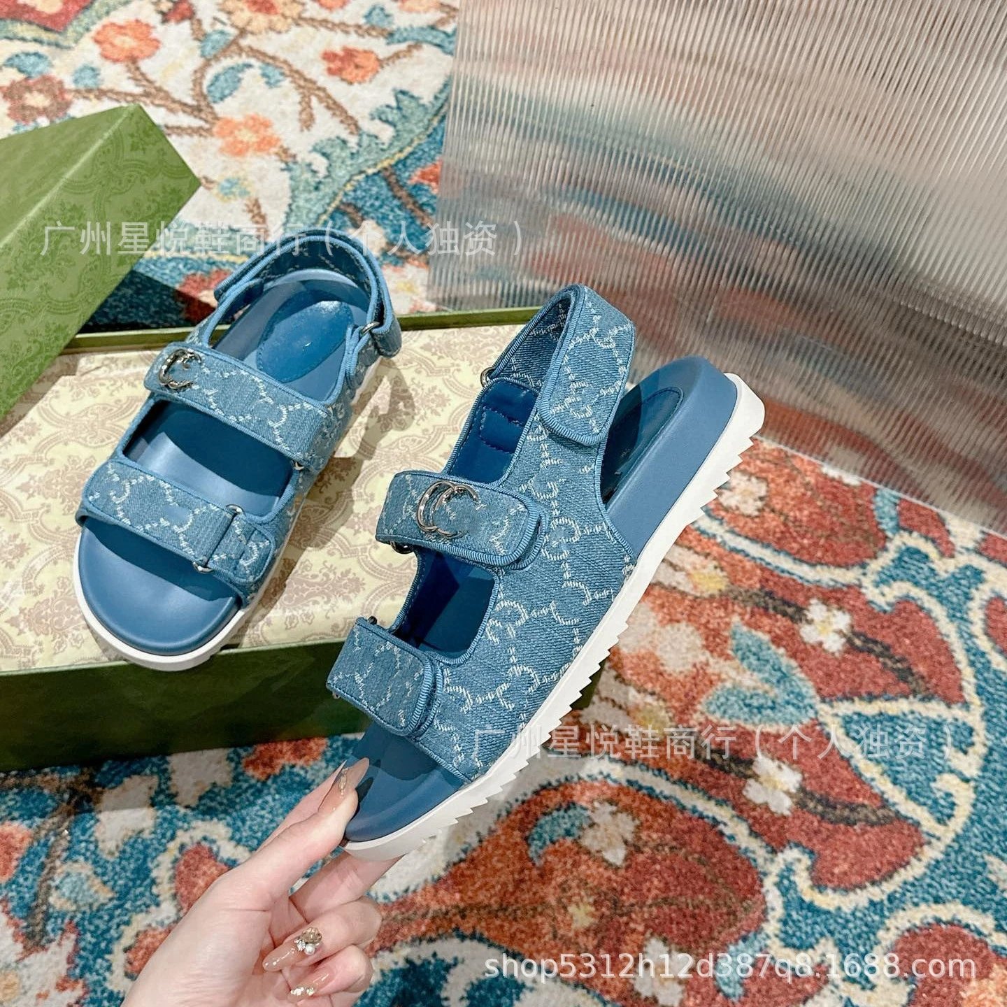 Gucci GG Marmont Slide Sandals Blue Denim-Print - 11