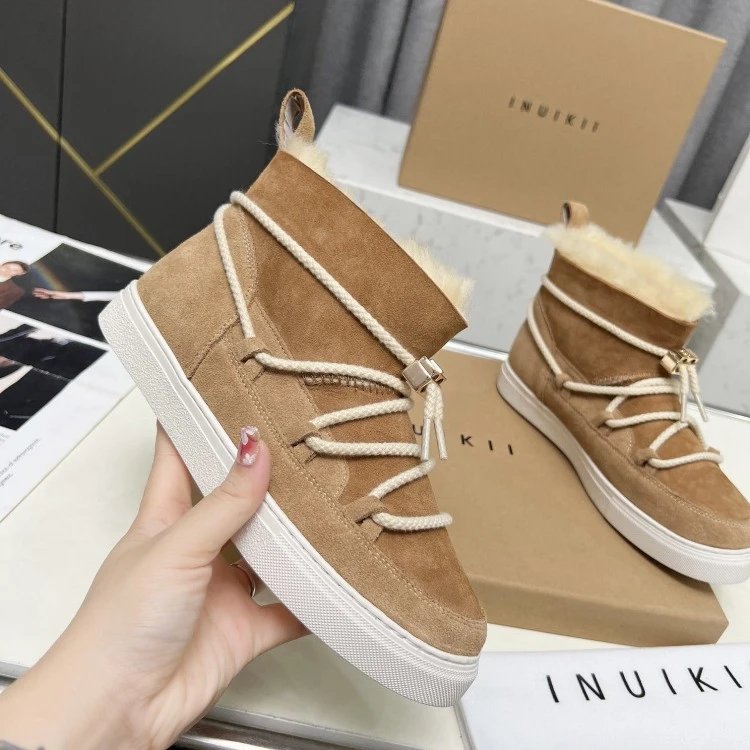 INU IKII Shearling-Lined High-Top Sneaker Boots Beige Suede