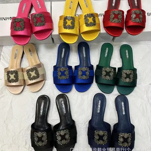 Manolo Blahnik Slippers Flat Satin Slides with Rhinestone Buckle product detail image 1