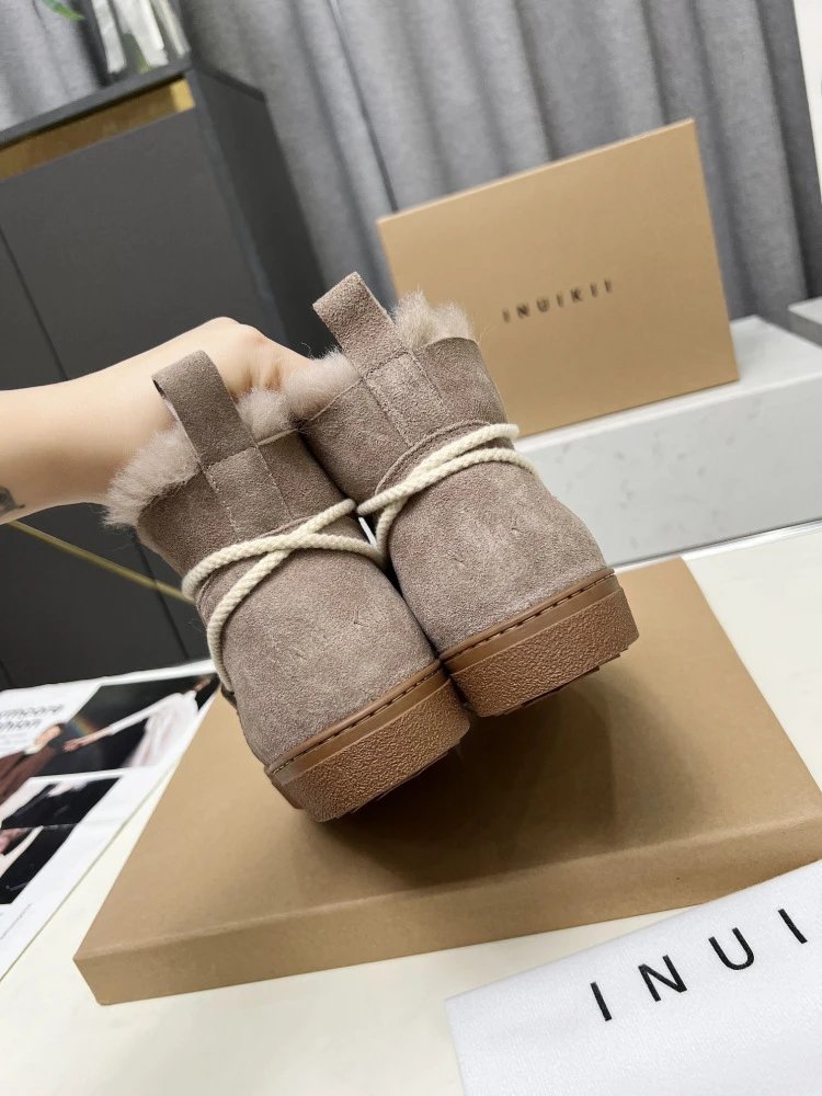 INU IKII Snow Boots Beige Suede With Shearling Lining and Rope Lace Detail - 12