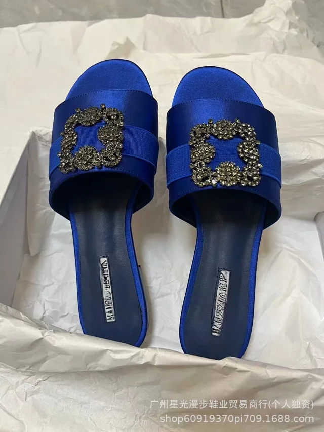 Manolo Blahnik Slippers Flat Satin Slides with Rhinestone Buckle product detail image 5