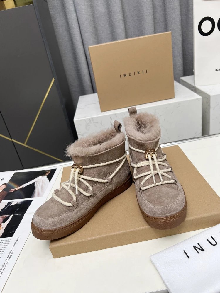 INU IKII Snow Boots Beige Suede With Shearling Lining and Rope Lace Detail - 18