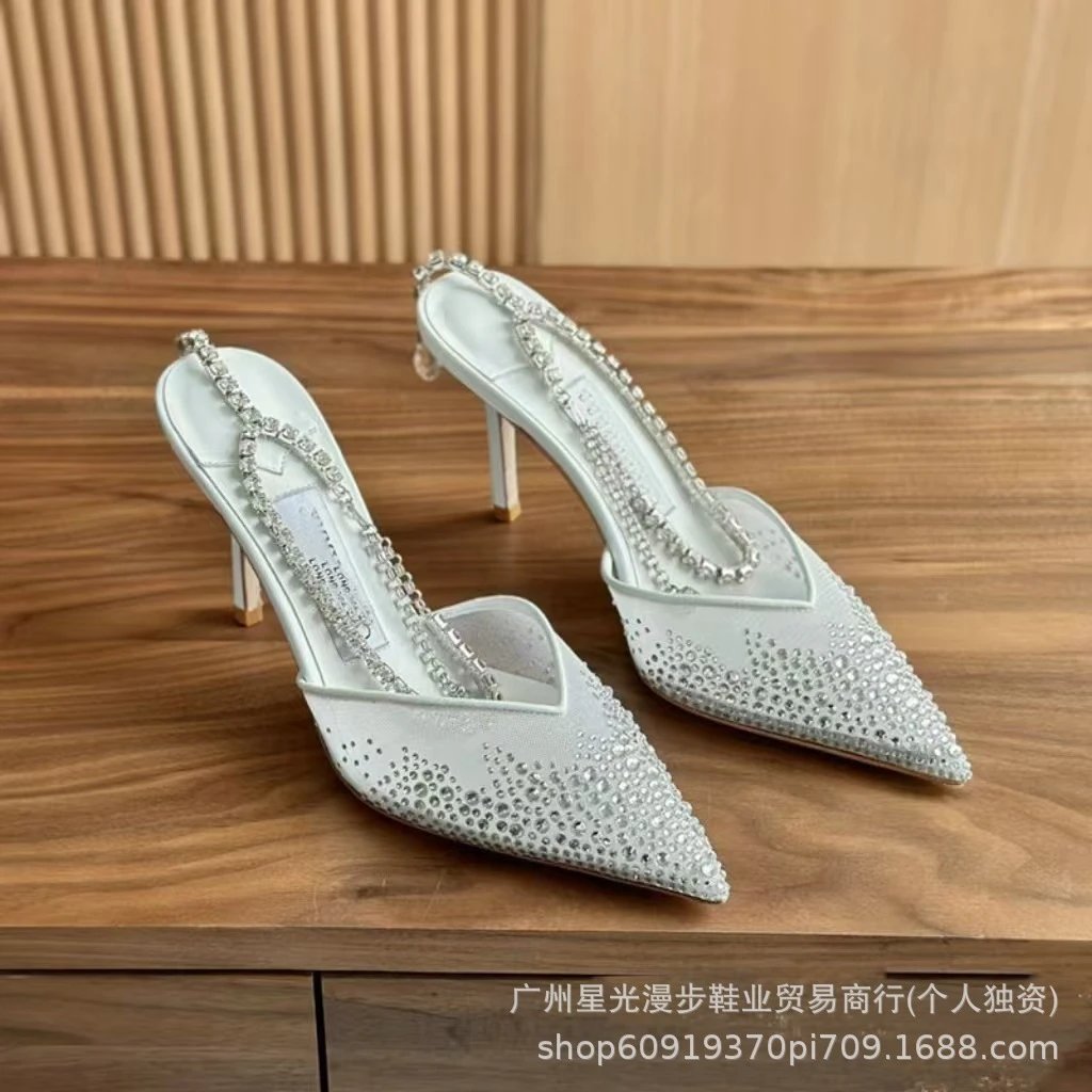 Studded Pointed-Toe Mule Heels in Black, Beige, and White - 7