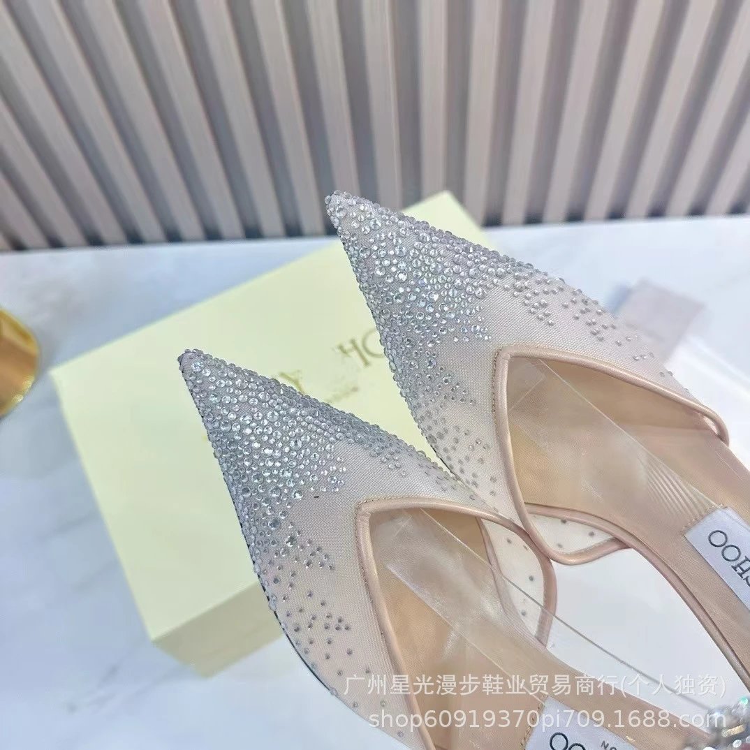 Studded Pointed-Toe Mule Heels in Black, Beige, and White - 10