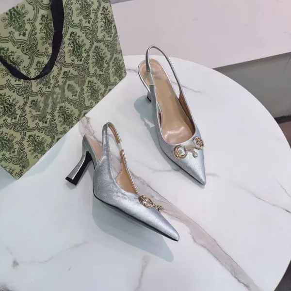 Silver Pointed-Toe Slingback Heels with Crystal embellishment - 1