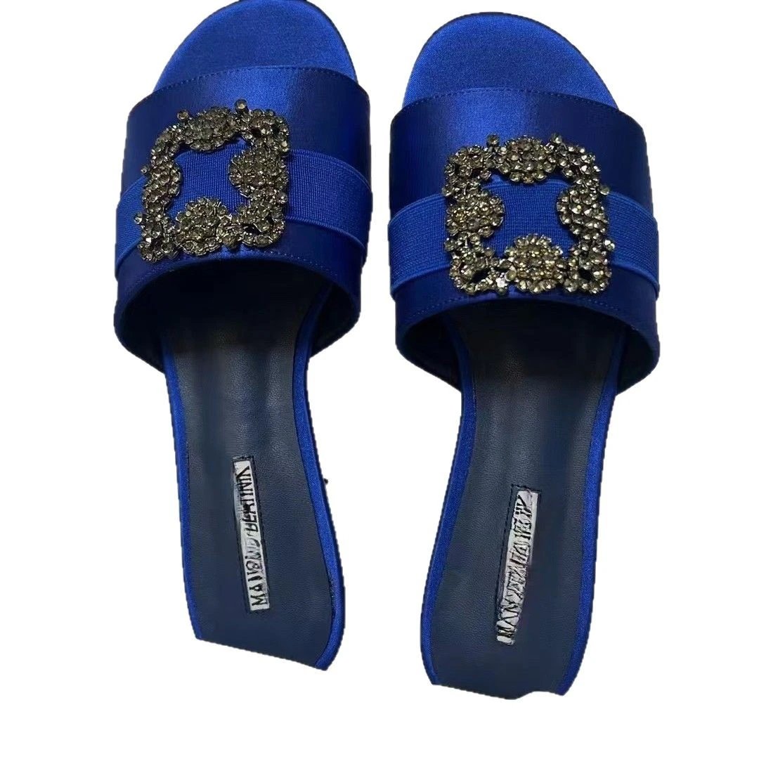 Manolo Blahnik Slippers Flat Satin Slides with Rhinestone Buckle image 5