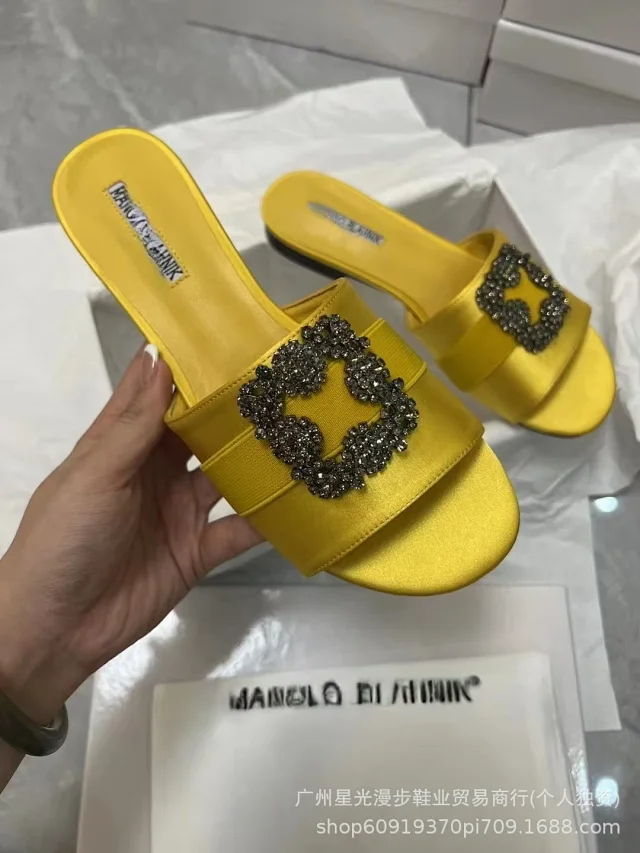 Manolo Blahnik Slippers Flat Satin Slides with Rhinestone Buckle product detail image 4