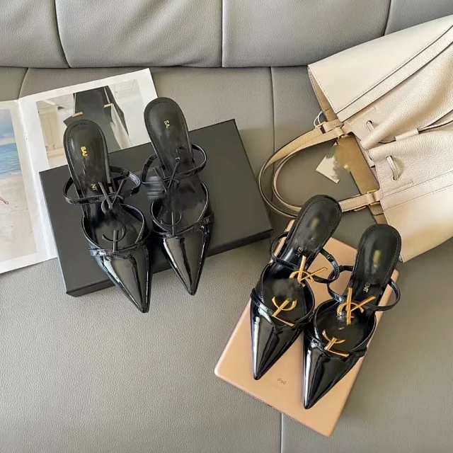Saint Laurent High Heels Pointed-Toe Patent Leather Logo Mules product detail image 2