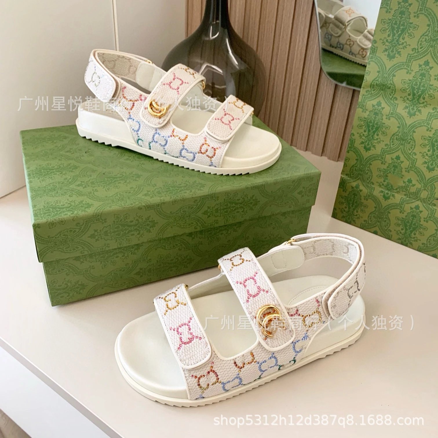 Gucci GG Marmont Slide Sandals Blue Denim-Print - 27