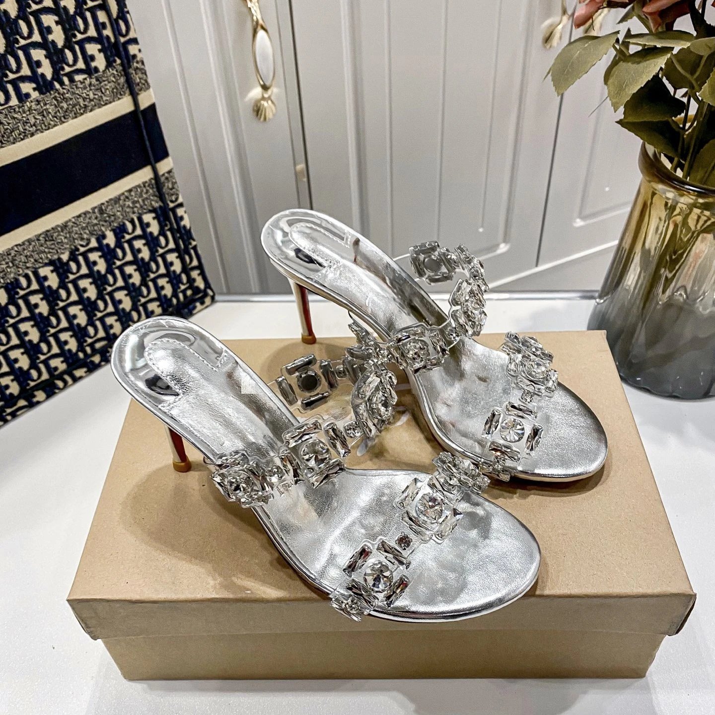 Christian Louboutin Decolleté 100 Crystal-Embellished Silver Mule Heels