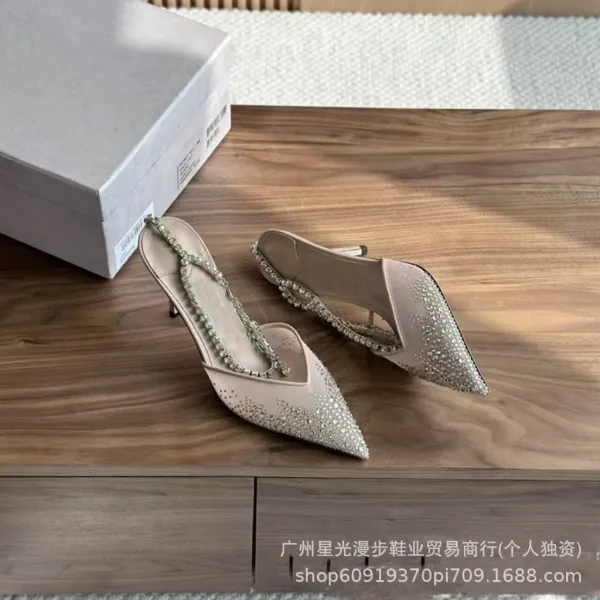 Crystal-Embellished Pointed-Toe Mule Heels in Beige - 1