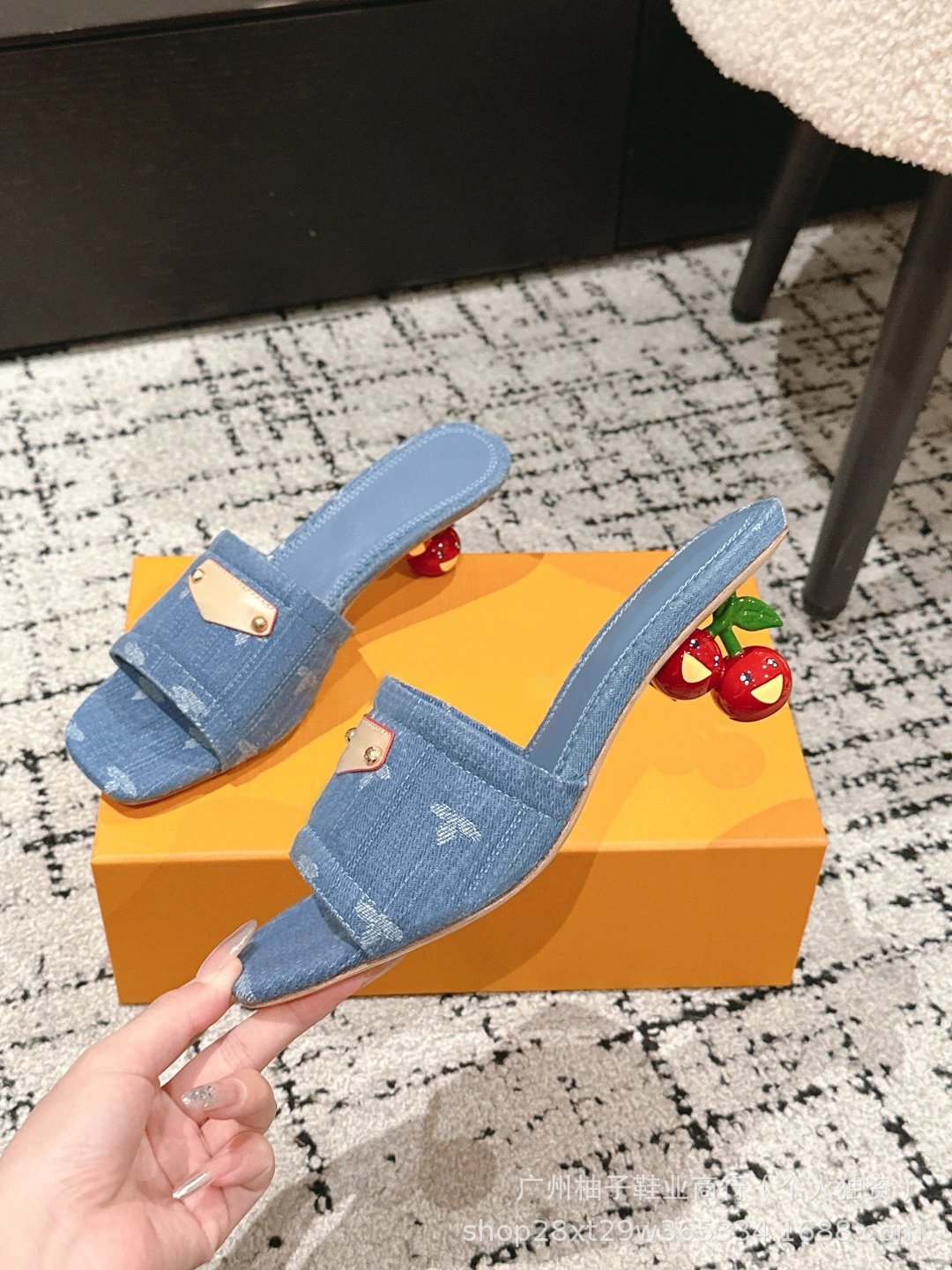 Louis Vuitton Cherry-Heel Denim Mule Slippers