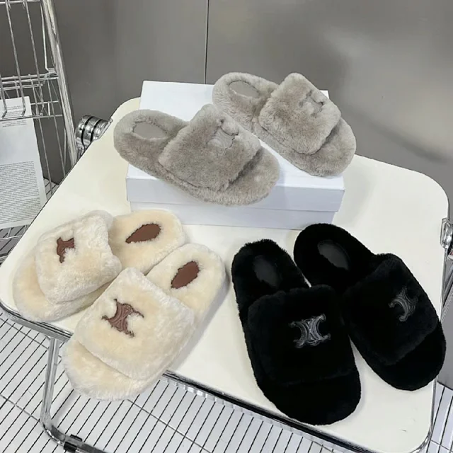 Celine Slippers Triomphe Logo Faux-Fur Slide product detail image 1