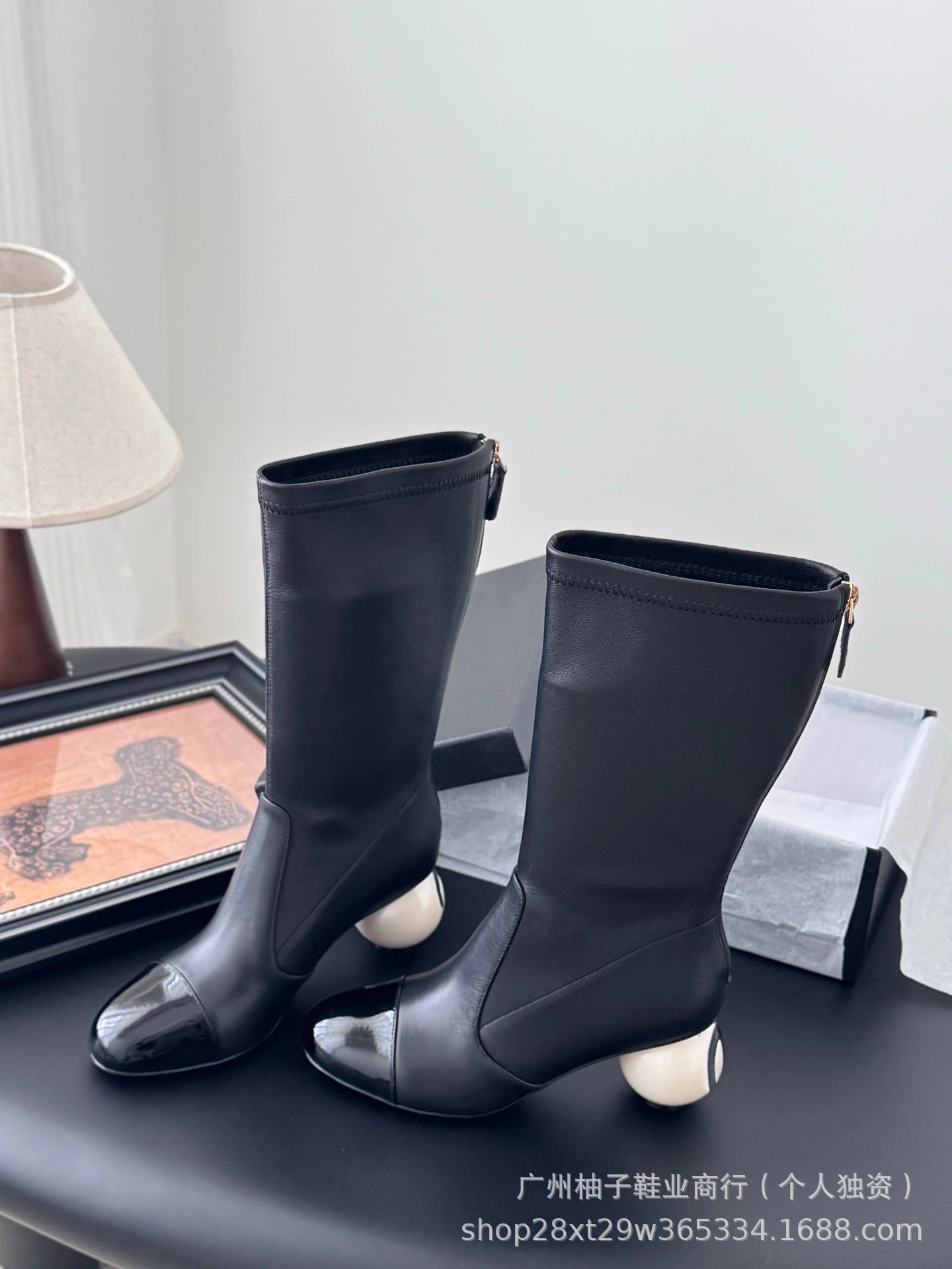 Chanel-Inspired Pearl Heel Ankle Boots White with Black Cap Toe - 9