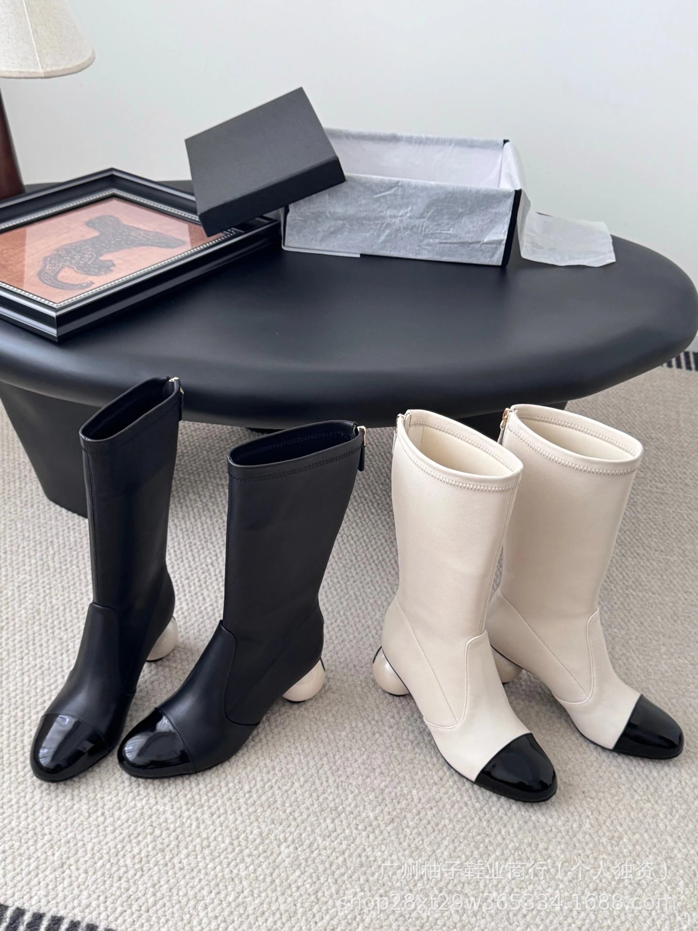 Chanel-Inspired Pearl Heel Ankle Boots White with Black Cap Toe - 8