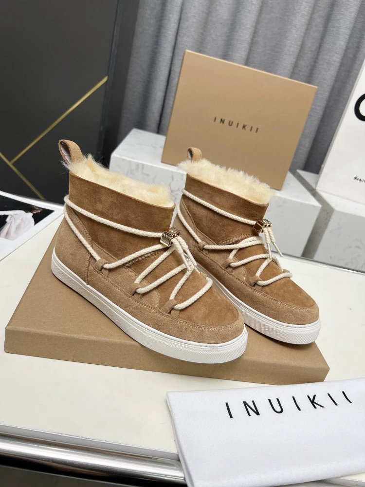 INU IKII Snow Boots Beige Suede With Shearling Lining and Rope Lace Detail - 4
