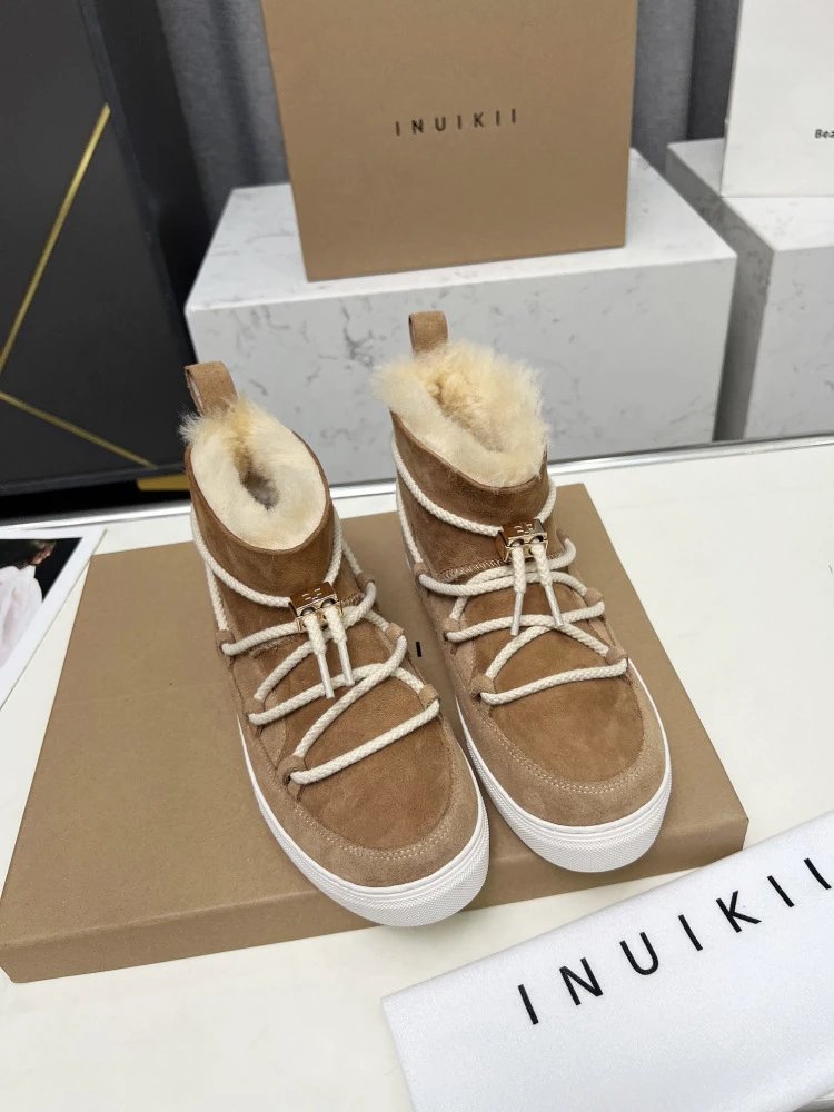 INU IKII Snow Boots Beige Suede With Shearling Lining and Rope Lace Detail - 10