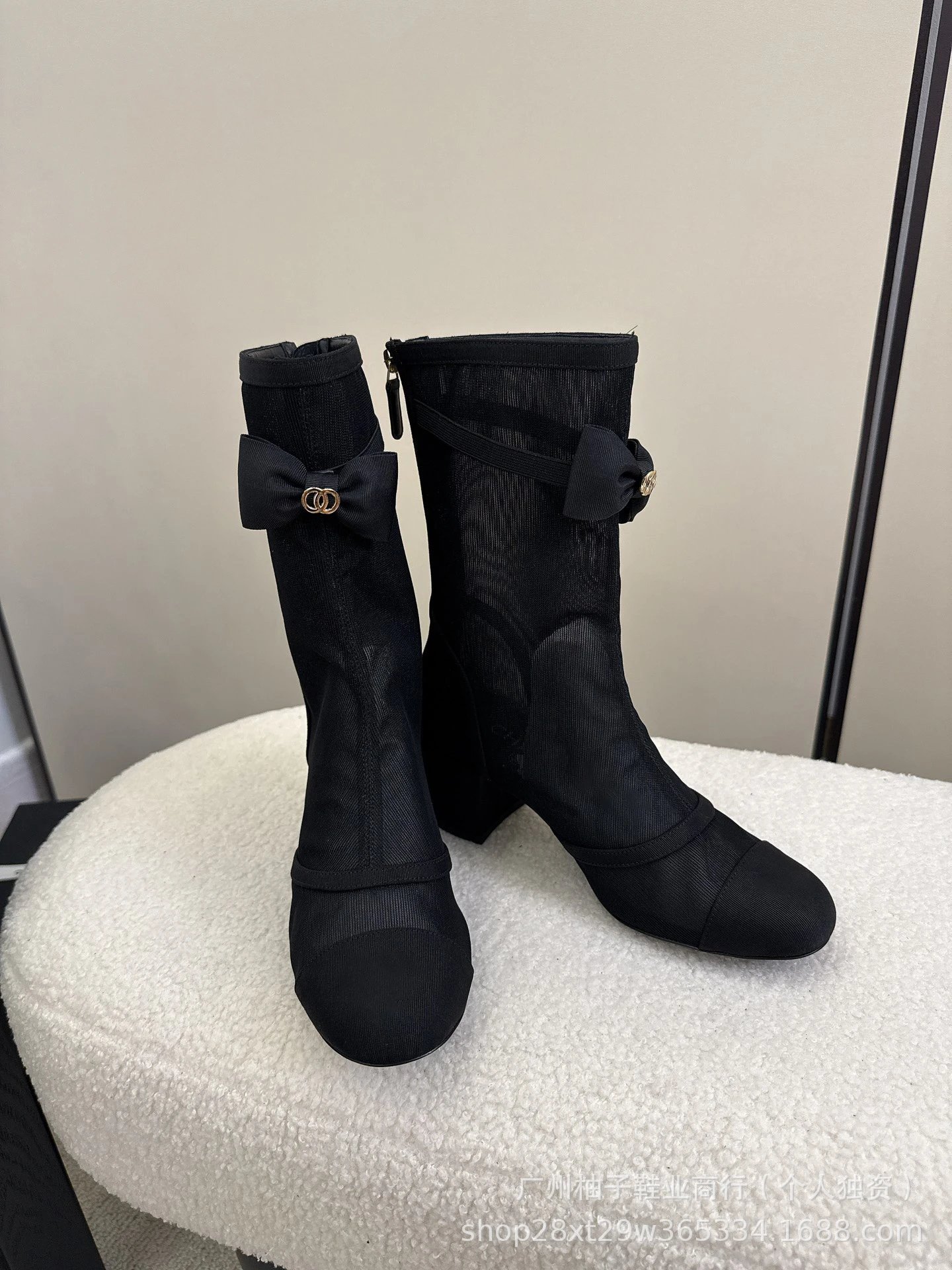 Chanel-inspired Bow Detail Beige and Black Cap-Toe Ankle Boots - 8