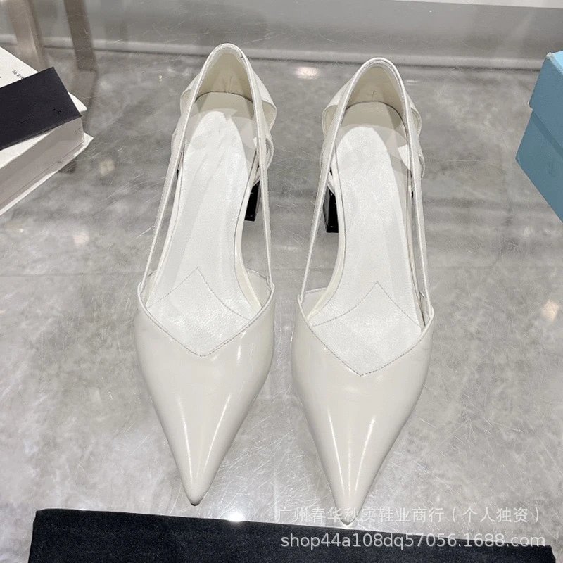 White Patent Leather Cutout Block Heel Pumps - 4